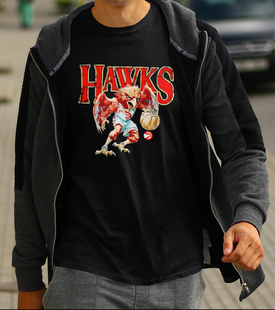 Atlanta Hawks Fierce Dribbling Cartoon Bird In NBA Jersey T-Shirt