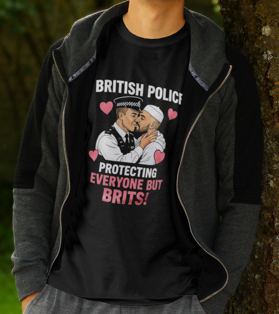 British Police Protecting Everyone But Brits Kissing Illustration With Hearts T-Shirt