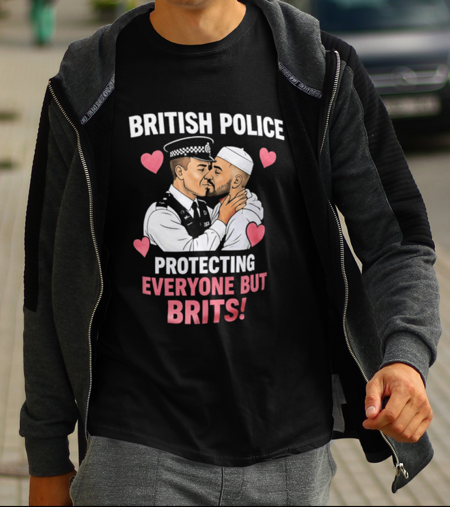 British Police Protecting Everyone But Brits Kissing Illustration With Hearts T-Shirt