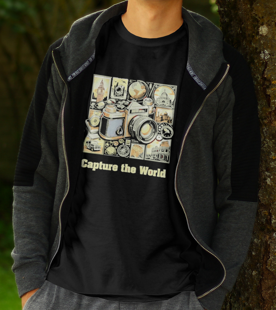 Capture The World Camera Globe Travel Landmarks Compass T-Shirt