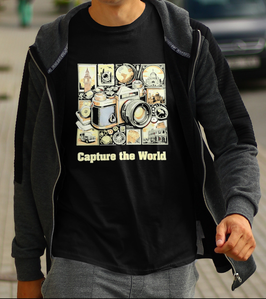 Capture The World Camera Globe Travel Landmarks Compass T-Shirt