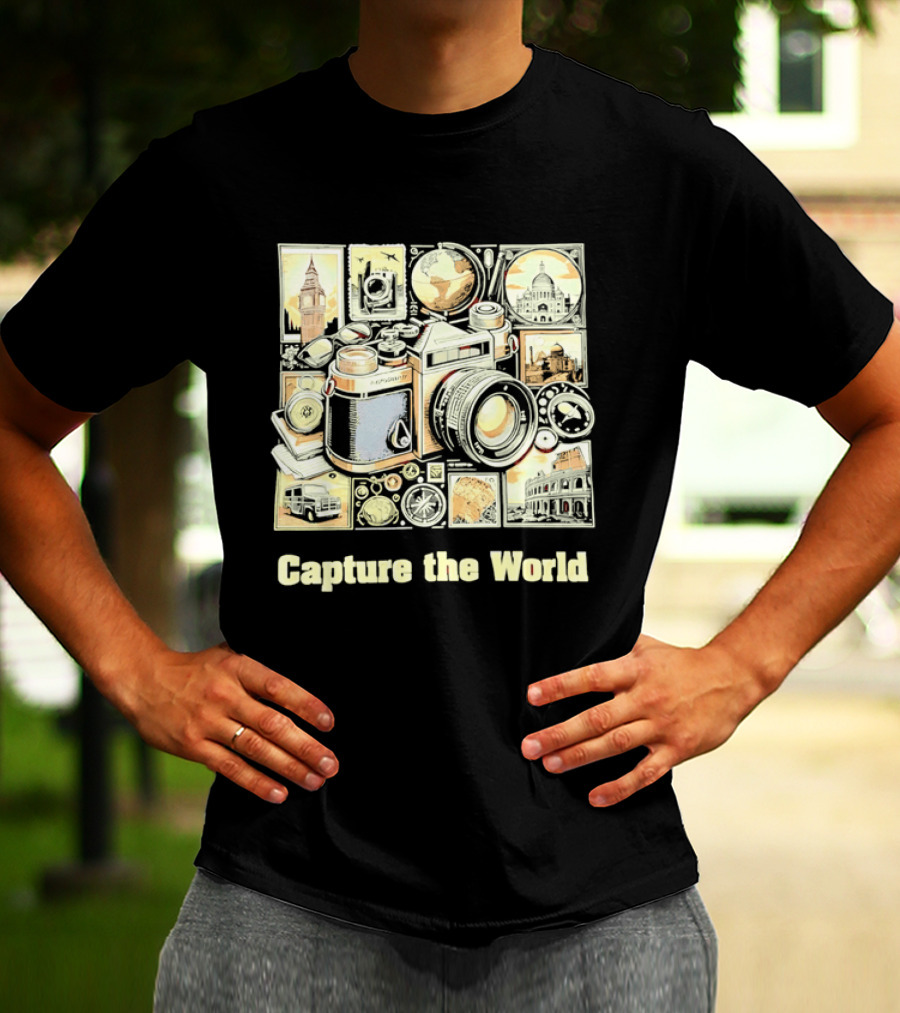 Capture The World Camera Globe Travel Landmarks Compass T-Shirt