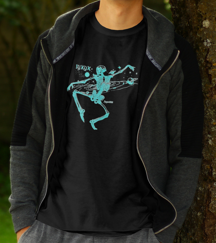 Iykyk August 2026 Cyan Dancing Skeleton With Space Orbit Sketch T-Shirt