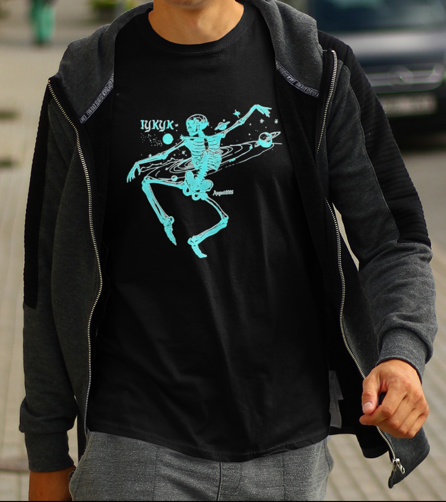 Iykyk August 2026 Cyan Dancing Skeleton With Space Orbit Sketch T-Shirt