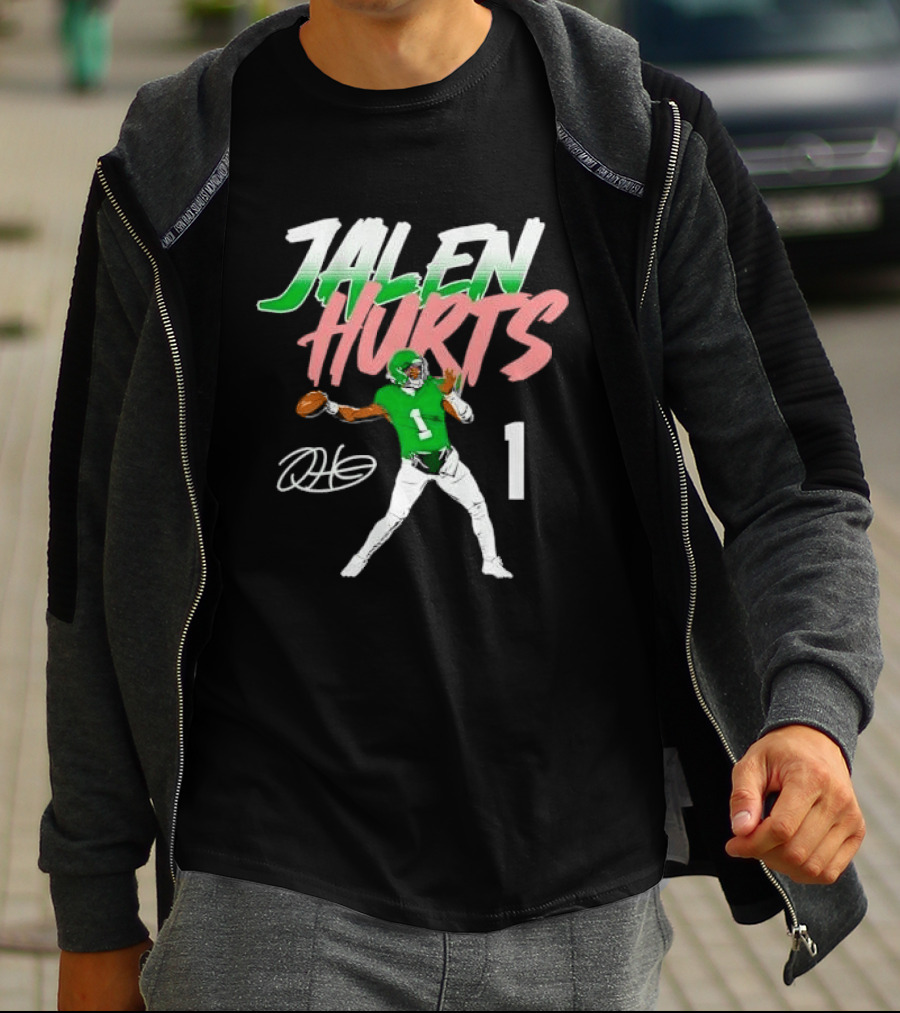 Jalen Hurts Quarterback Throwing Football Jersey Number 1 Signature Green T-Shirt