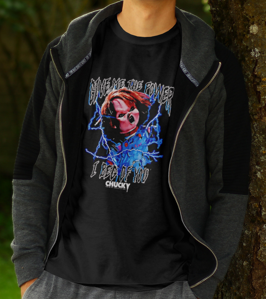 Chucky Give Me The Power I Beg Of You Blue Lightning Screaming Doll T-Shirt