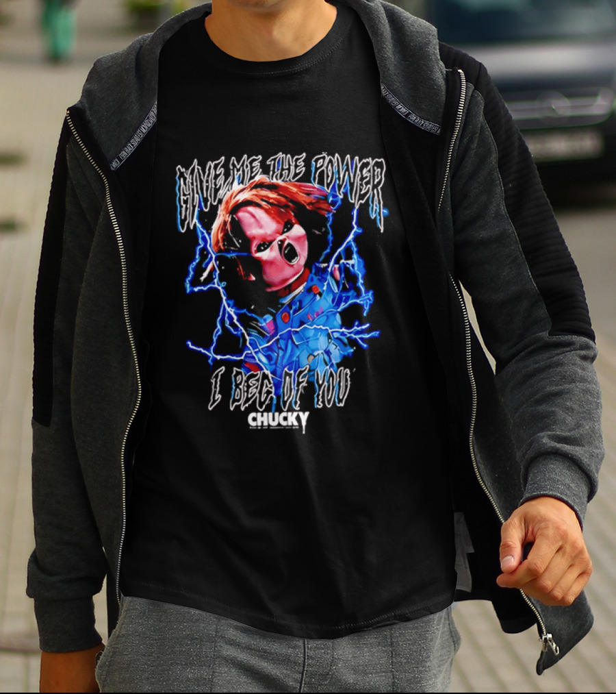 Chucky Give Me The Power I Beg Of You Blue Lightning Screaming Doll T-Shirt