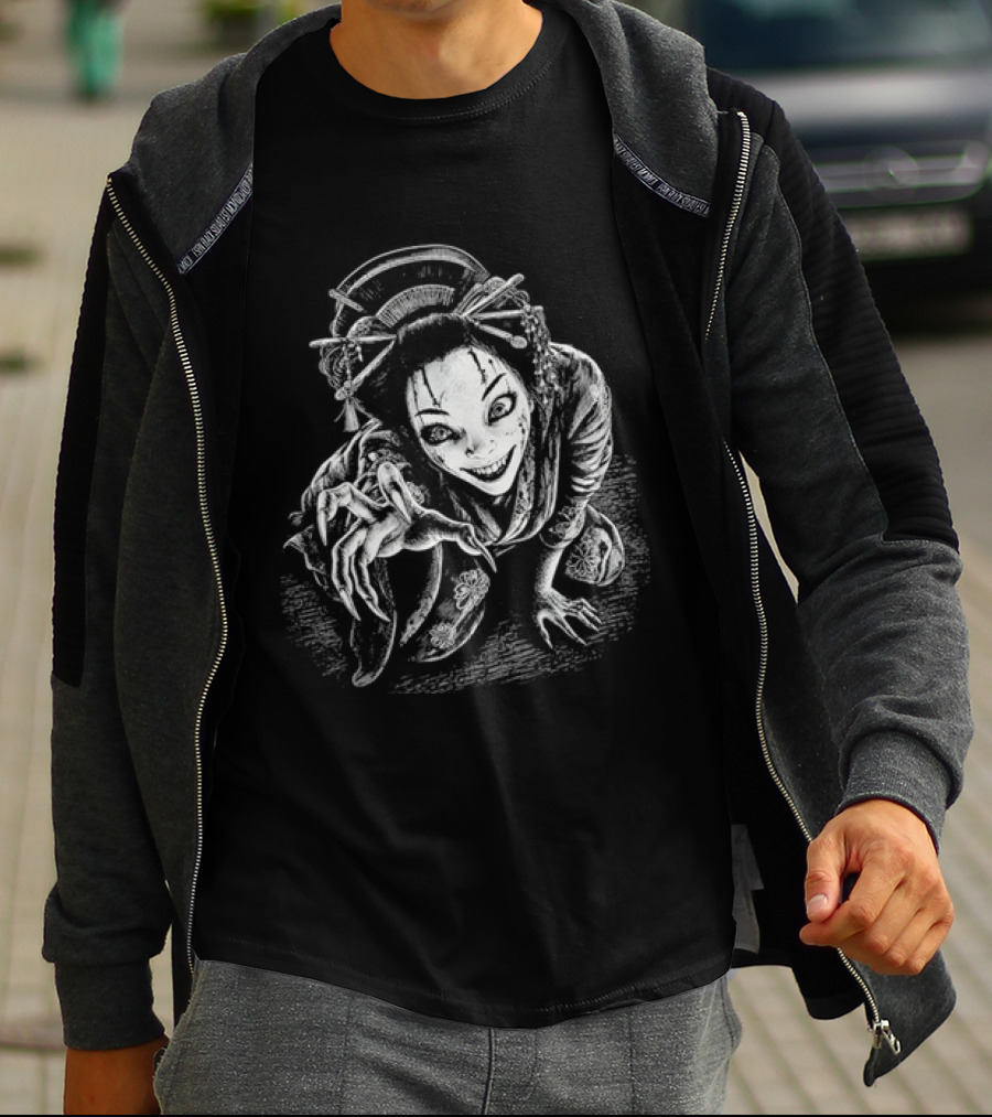 Creepy Demonic Yokai Geisha Crawling Sharp Claws Drawing T-Shirt