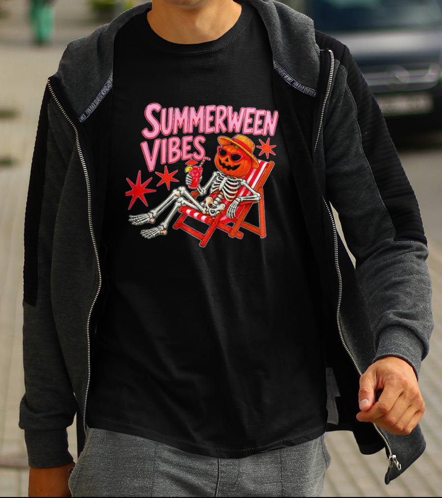 Summerween Vibes Skeleton Pumpkin Sunglasses Lounge Chair Drink T-Shirt