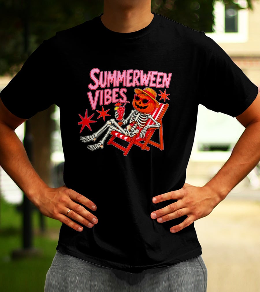 Summerween Vibes Skeleton Pumpkin Sunglasses Lounge Chair Drink T-Shirt