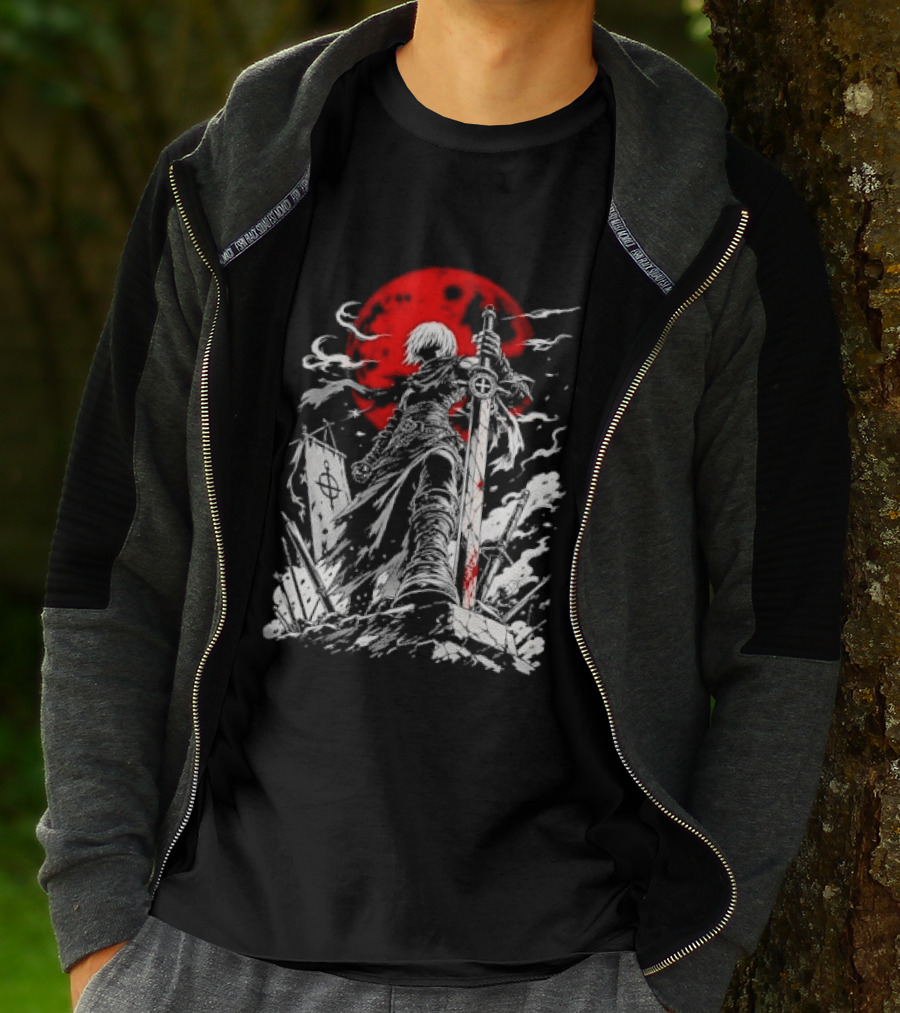 Dark Fantasy Warrior Bloody Sword Red Moon Battlefield Epic Scene T-Shirt