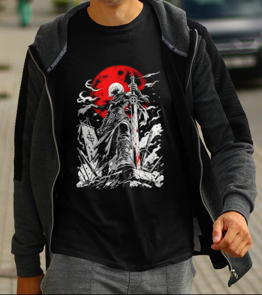 Dark Fantasy Warrior Bloody Sword Red Moon Battlefield Epic Scene T-Shirt