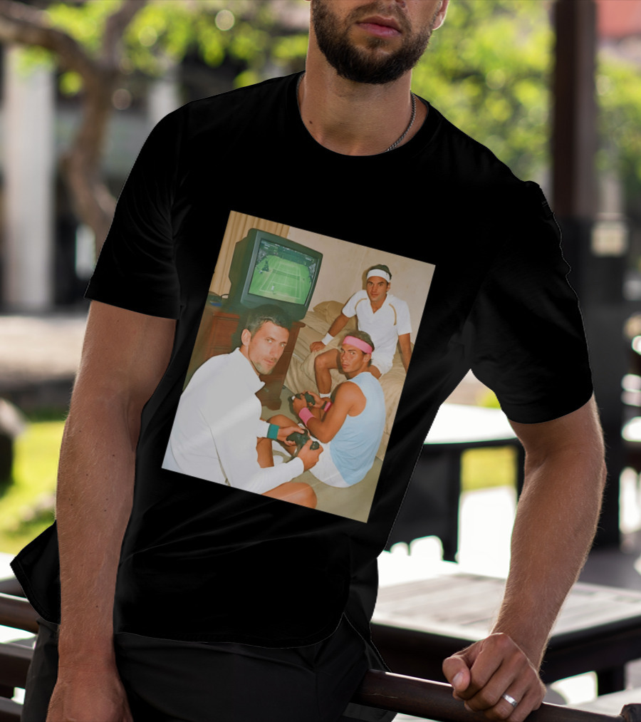 Novak Djokovic Rafael Nadal Roger Federer Playing Tennis Video Game T-Shirt