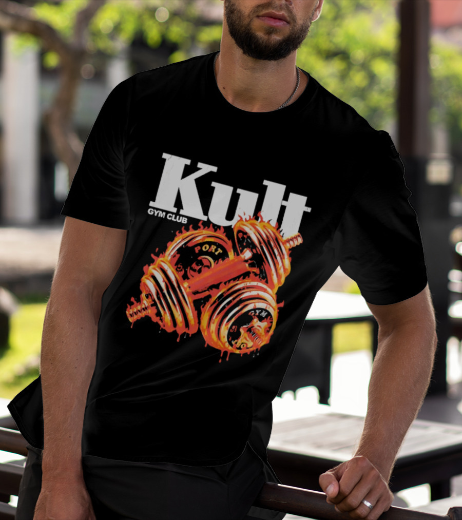 Kult Gym Club Sport Fiery Dumbbells Dripping Lava Distressed T-Shirt