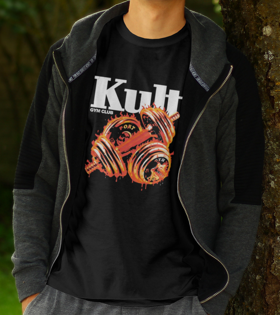 Kult Gym Club Sport Fiery Dumbbells Dripping Lava Distressed T-Shirt