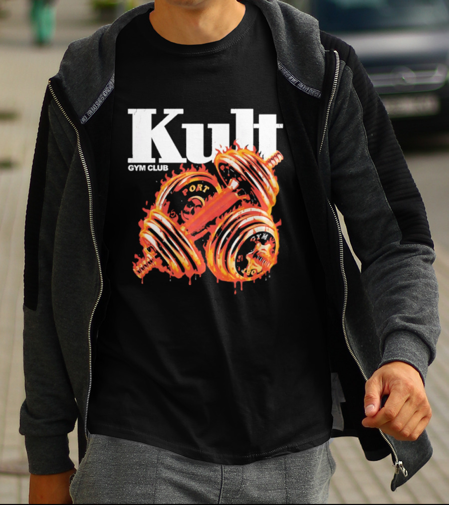 Kult Gym Club Sport Fiery Dumbbells Dripping Lava Distressed T-Shirt