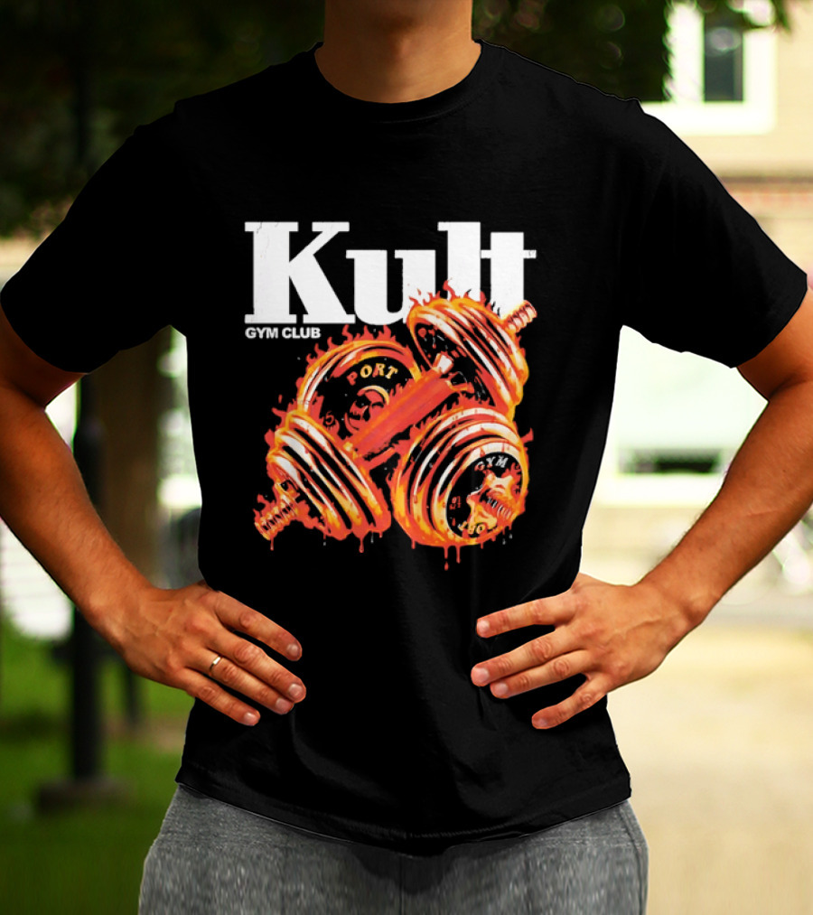 Kult Gym Club Sport Fiery Dumbbells Dripping Lava Distressed T-Shirt