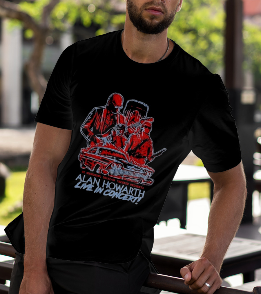 The Mahoning Drive In Theater Presents Alan Howarth Live Concert Horror Characters Flaming Car T-Shirt