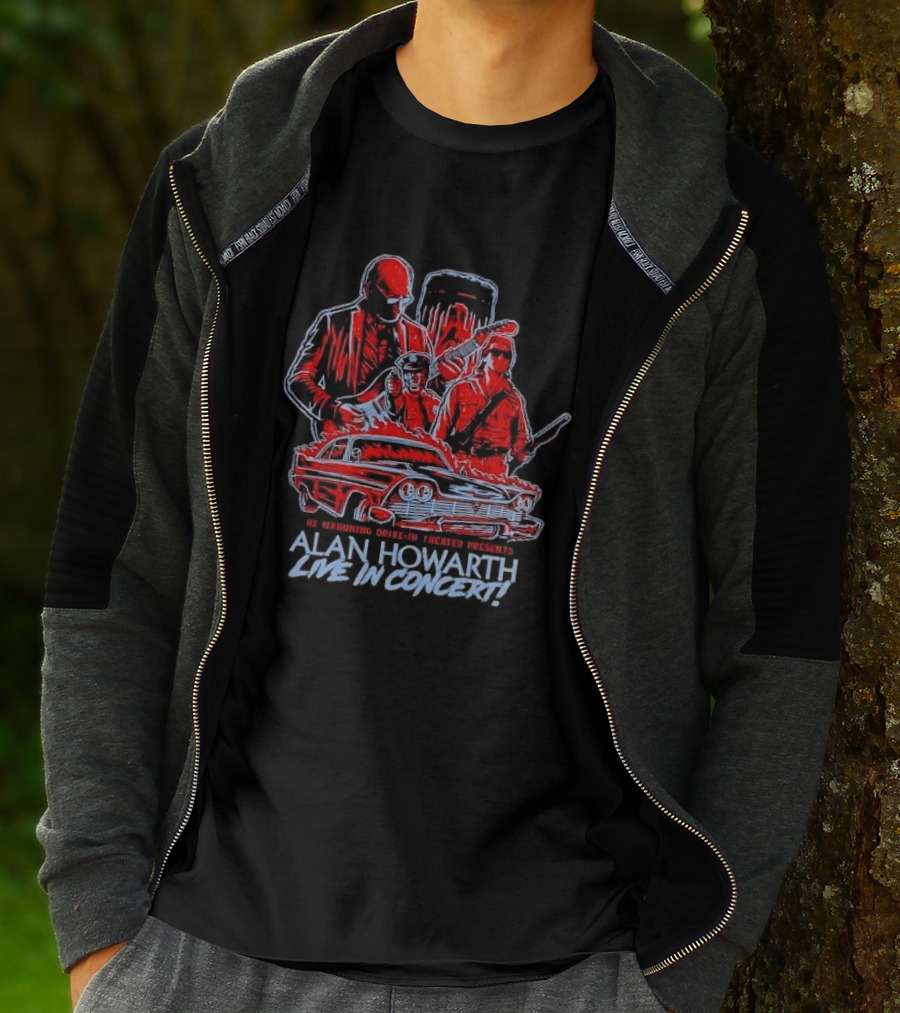 The Mahoning Drive In Theater Presents Alan Howarth Live Concert Horror Characters Flaming Car T-Shirt