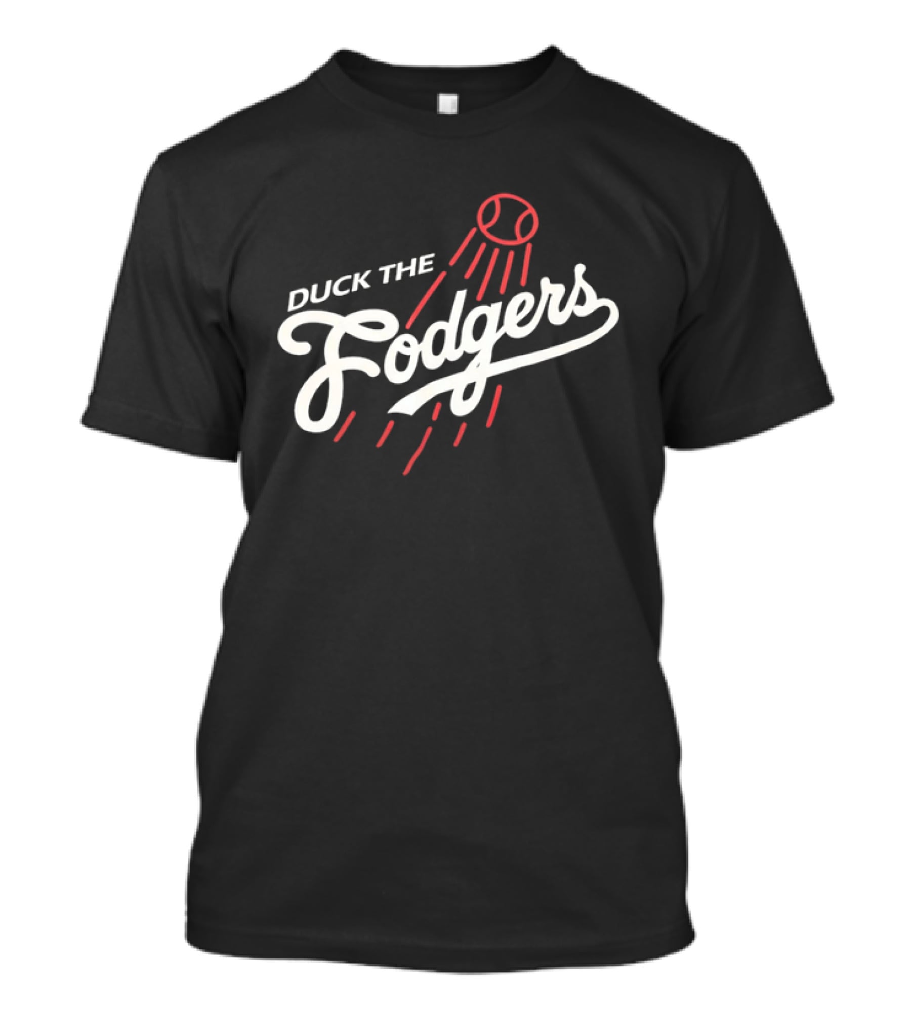 Duck The Fodgers White Script Flying Baseball Red Motion Lines T-Shirt