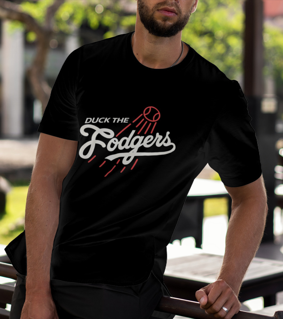 Duck The Fodgers White Script Flying Baseball Red Motion Lines T-Shirt