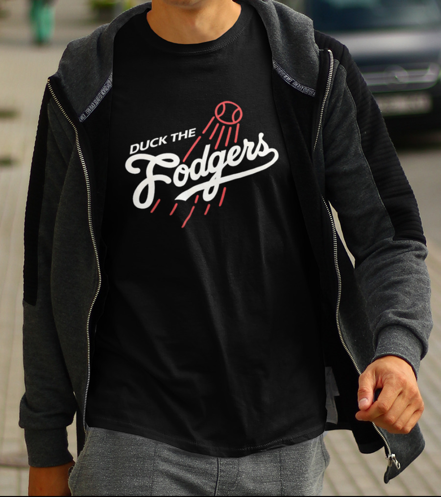 Duck The Fodgers White Script Flying Baseball Red Motion Lines T-Shirt