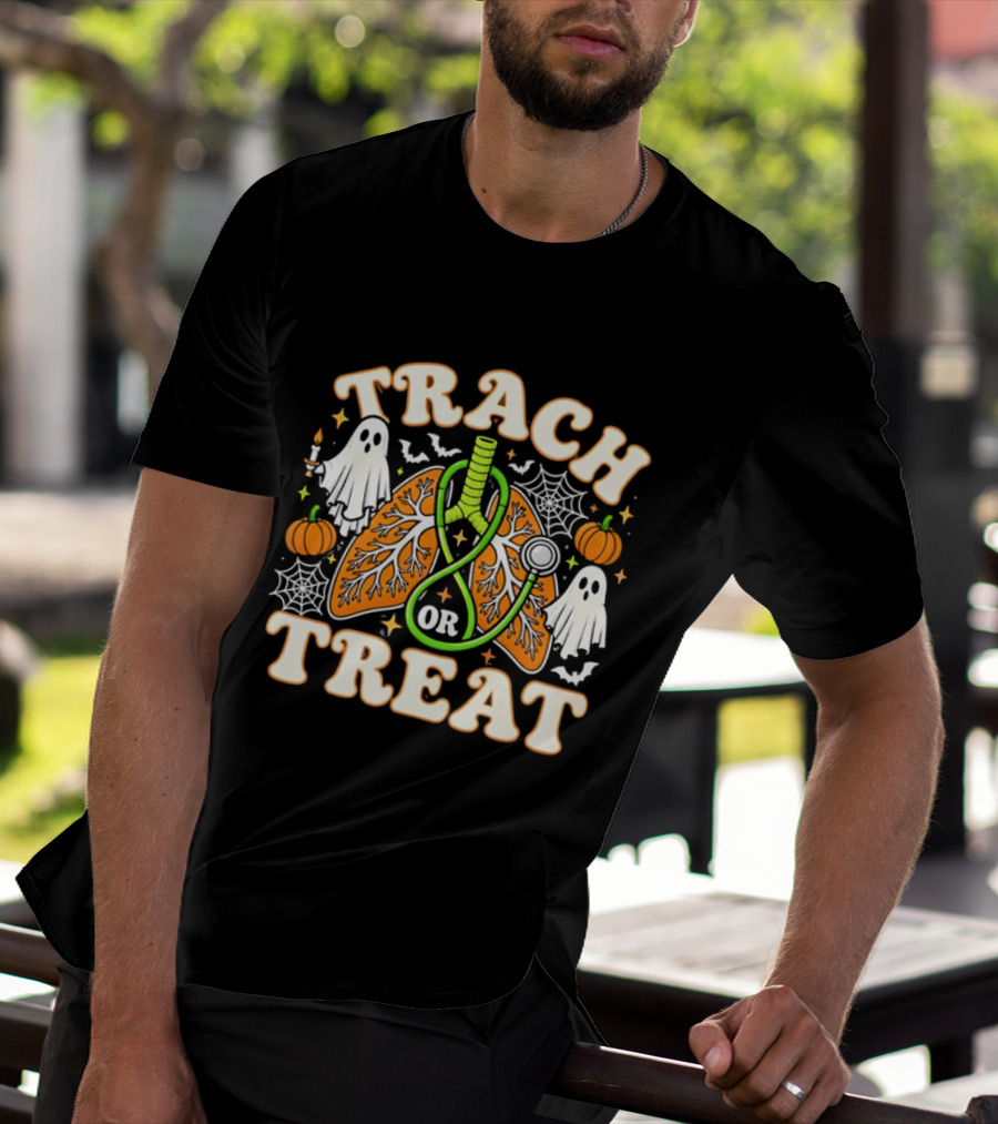 Trach Or Treat Lungs Stethoscope Ghosts Pumpkins Spider Webs Halloween Cartoon T-Shirt
