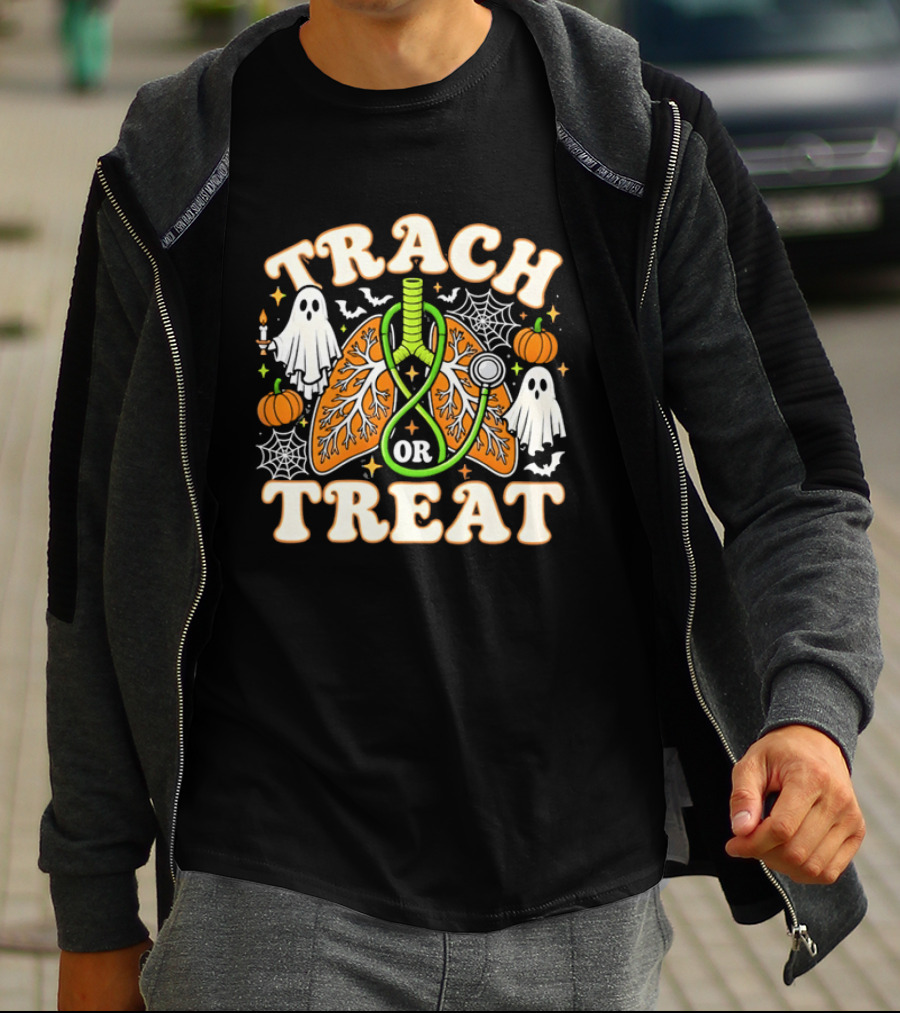 Trach Or Treat Lungs Stethoscope Ghosts Pumpkins Spider Webs Halloween Cartoon T-Shirt