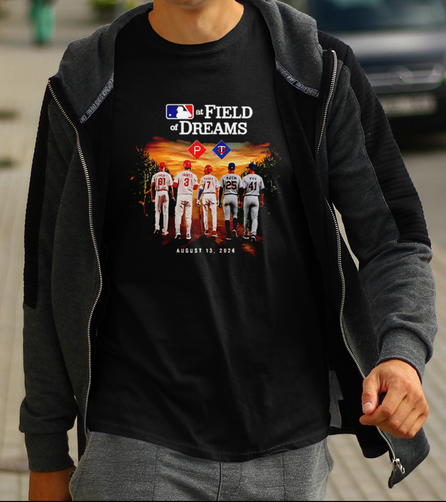 MLB At Field Of Dreams August 13 2026 Philadelphia Minnesota Players Walking Into Cornfield T-Shirt