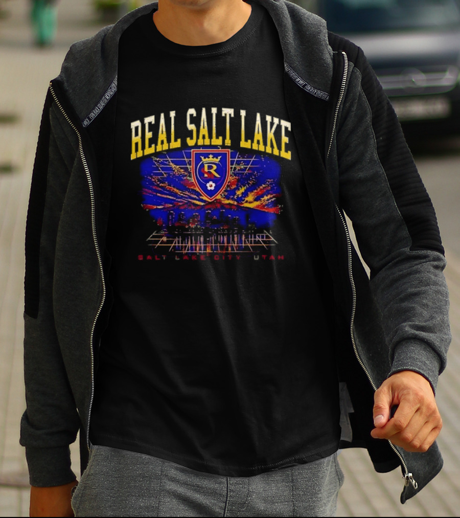 Real Salt Lake City Utah Skyline Crest Sunset Grid Distressed T-Shirt