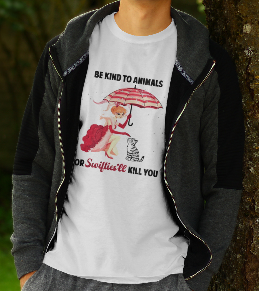 Be Kind To Animals Or Swifties'll Kill You Red Umbrella And Cat T-Shirt