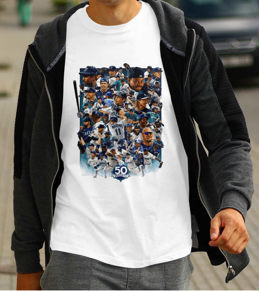 Seattle Mariners 50 Seasons Collage MLB Players Legends And Moments T-Shirt