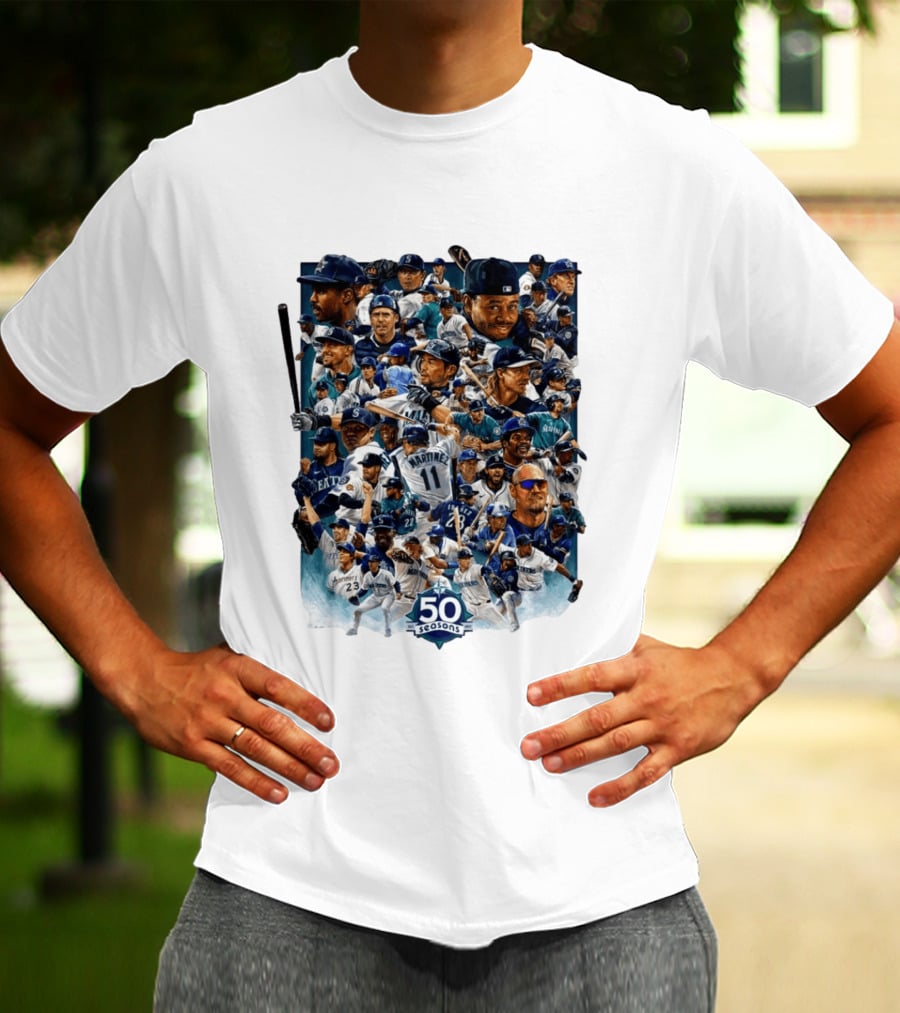 Seattle Mariners 50 Seasons Collage MLB Players Legends And Moments T-Shirt