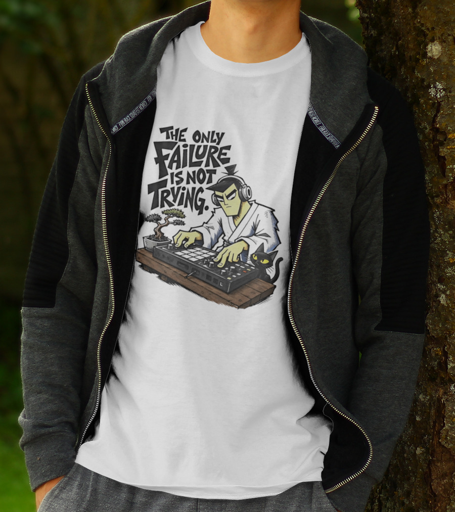 The Only Failure Is Not Trying Samurai DJ With Cat And Bonsai T-Shirt
