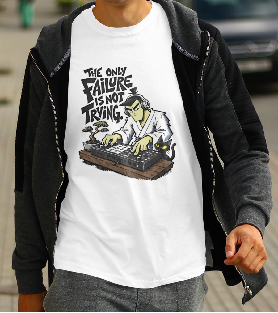 The Only Failure Is Not Trying Samurai DJ With Cat And Bonsai T-Shirt