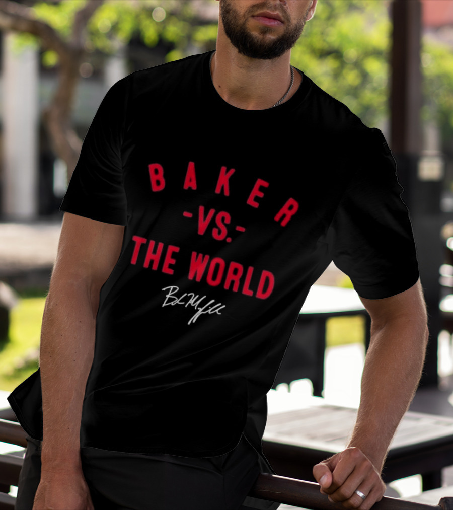 Baker Vs The World Red Curved Block Mayfield Signature T-Shirt
