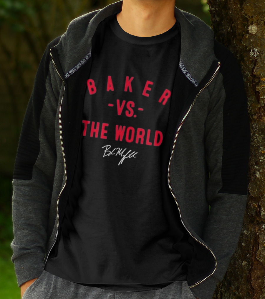 Baker Vs The World Red Curved Block Mayfield Signature T-Shirt