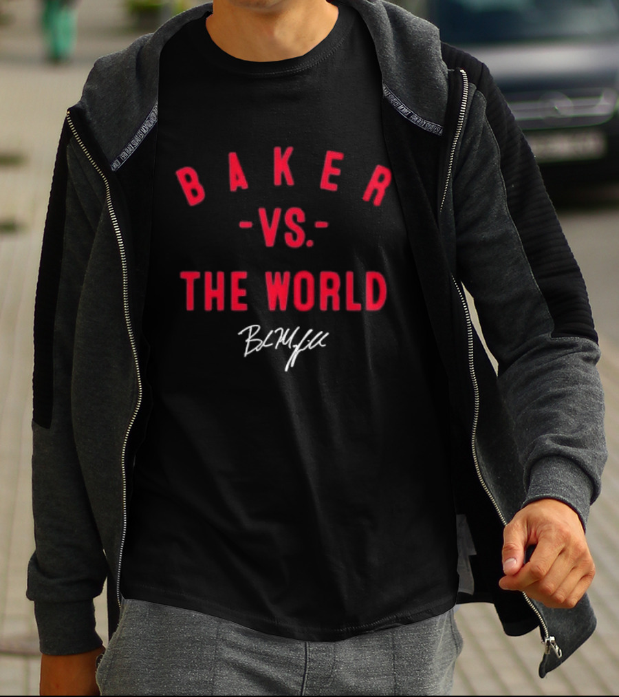 Baker Vs The World Red Curved Block Mayfield Signature T-Shirt