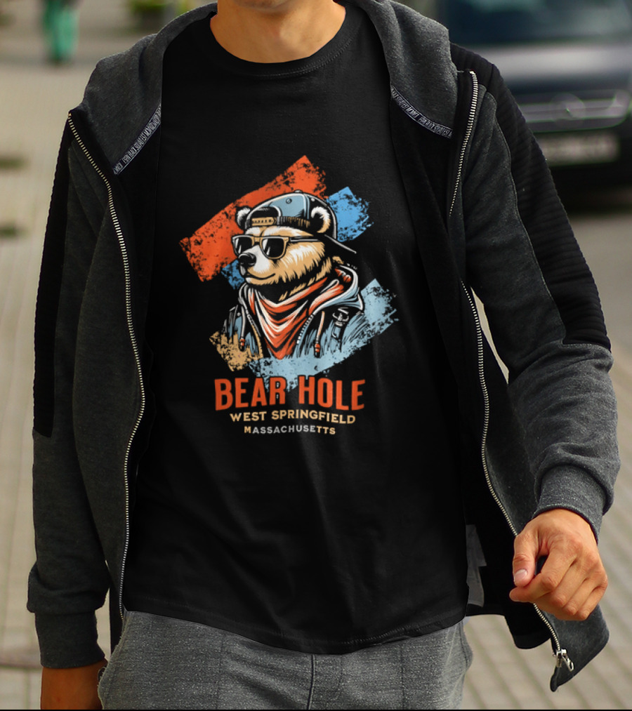 Bear Hole West Springfield Massachusetts Bear Wearing Sunglasses Cap Bandana Distressed T-Shirt
