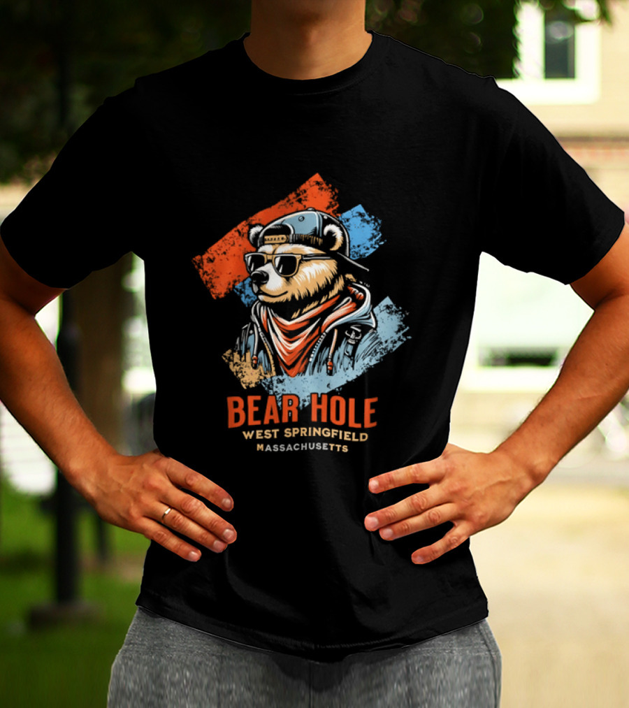 Bear Hole West Springfield Massachusetts Bear Wearing Sunglasses Cap Bandana Distressed T-Shirt