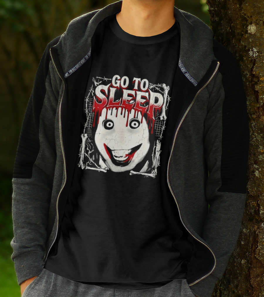 Go To Sleep Creepy Pale Face Bloody Smile Barbed Wire Bones T-Shirt