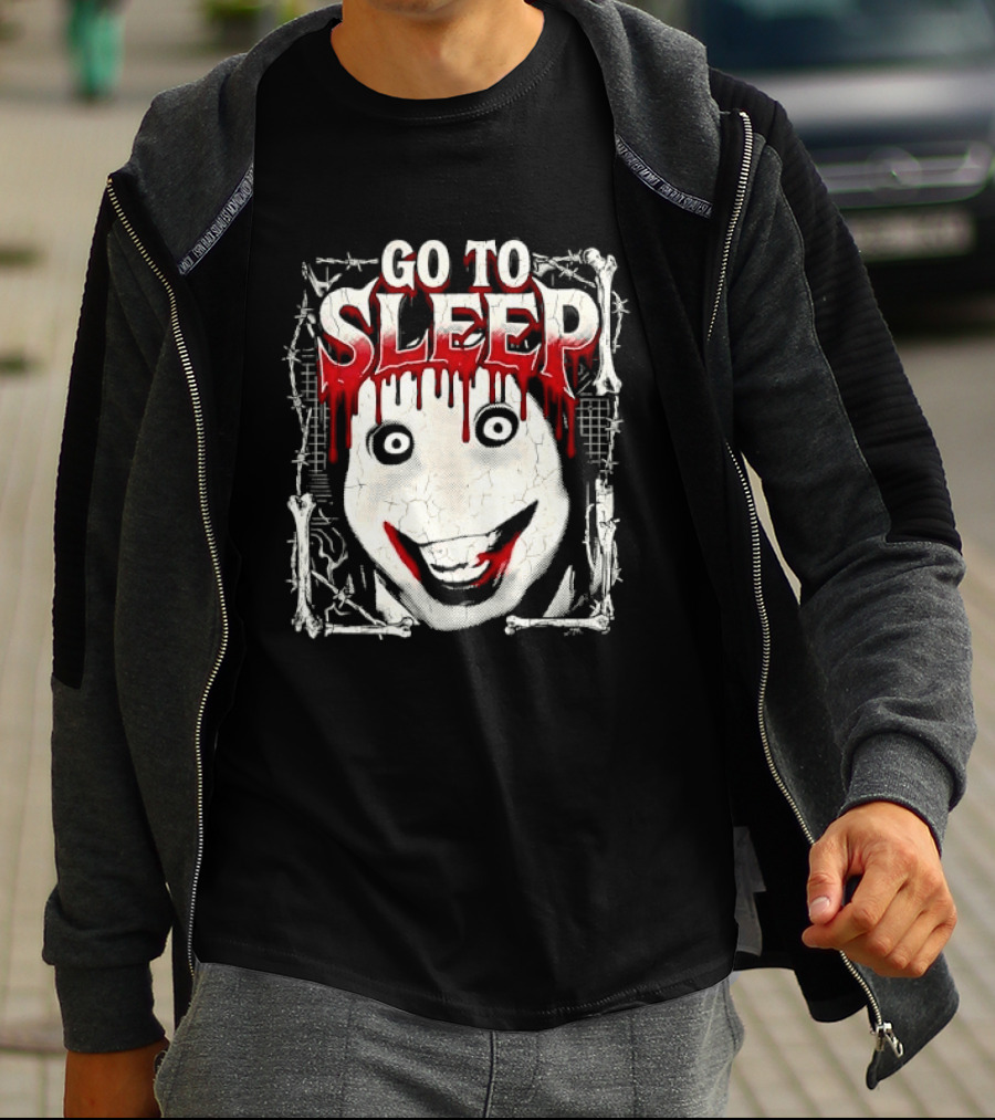 Go To Sleep Creepy Pale Face Bloody Smile Barbed Wire Bones T-Shirt
