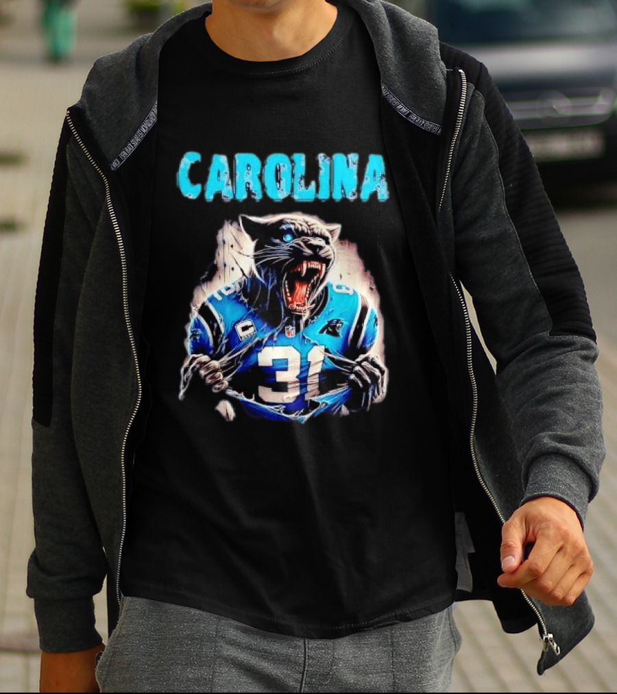 Carolina Panthers Snarling Beast Tearing Blue Jersey 31 T-Shirt