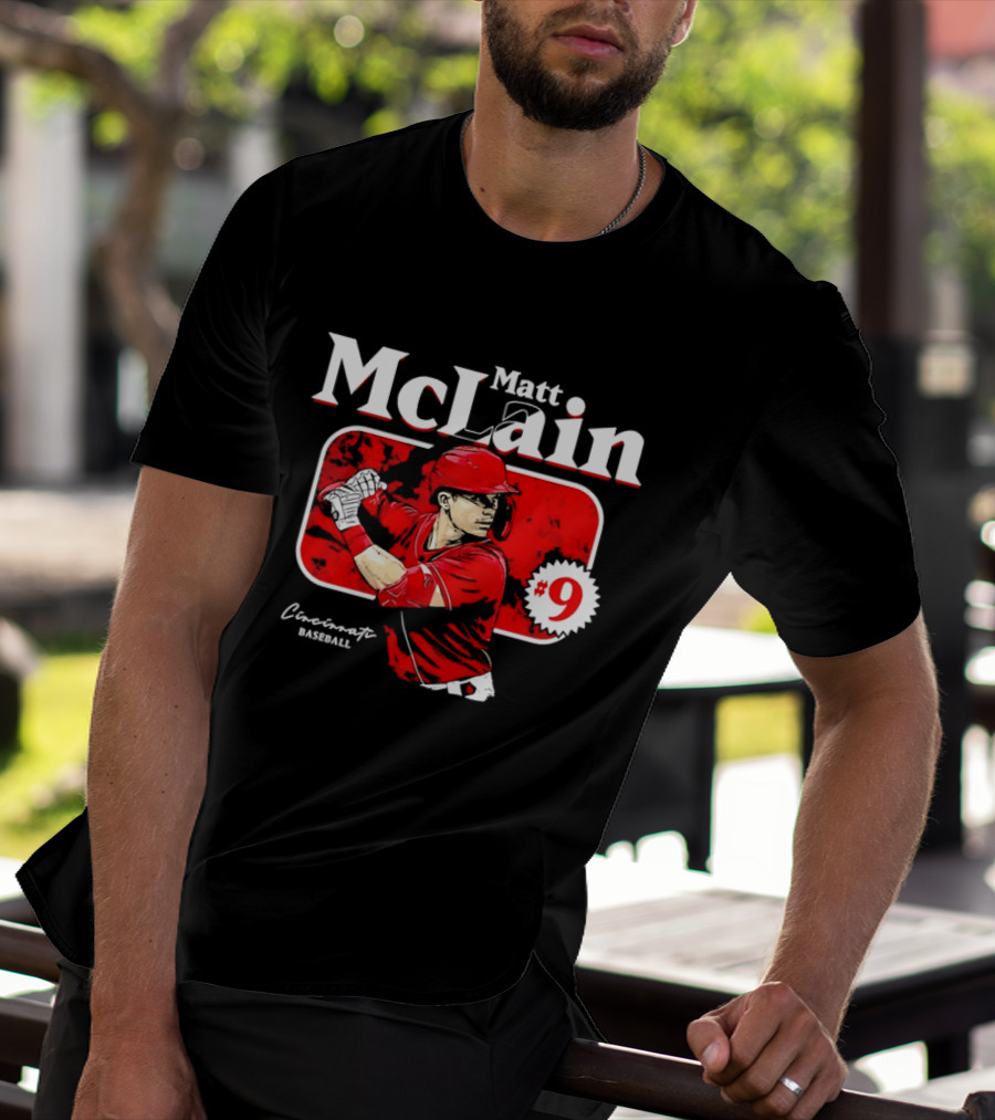 Matt McLain Cincinnati Baseball Number 9 Batter Stance Red Frame T-Shirt
