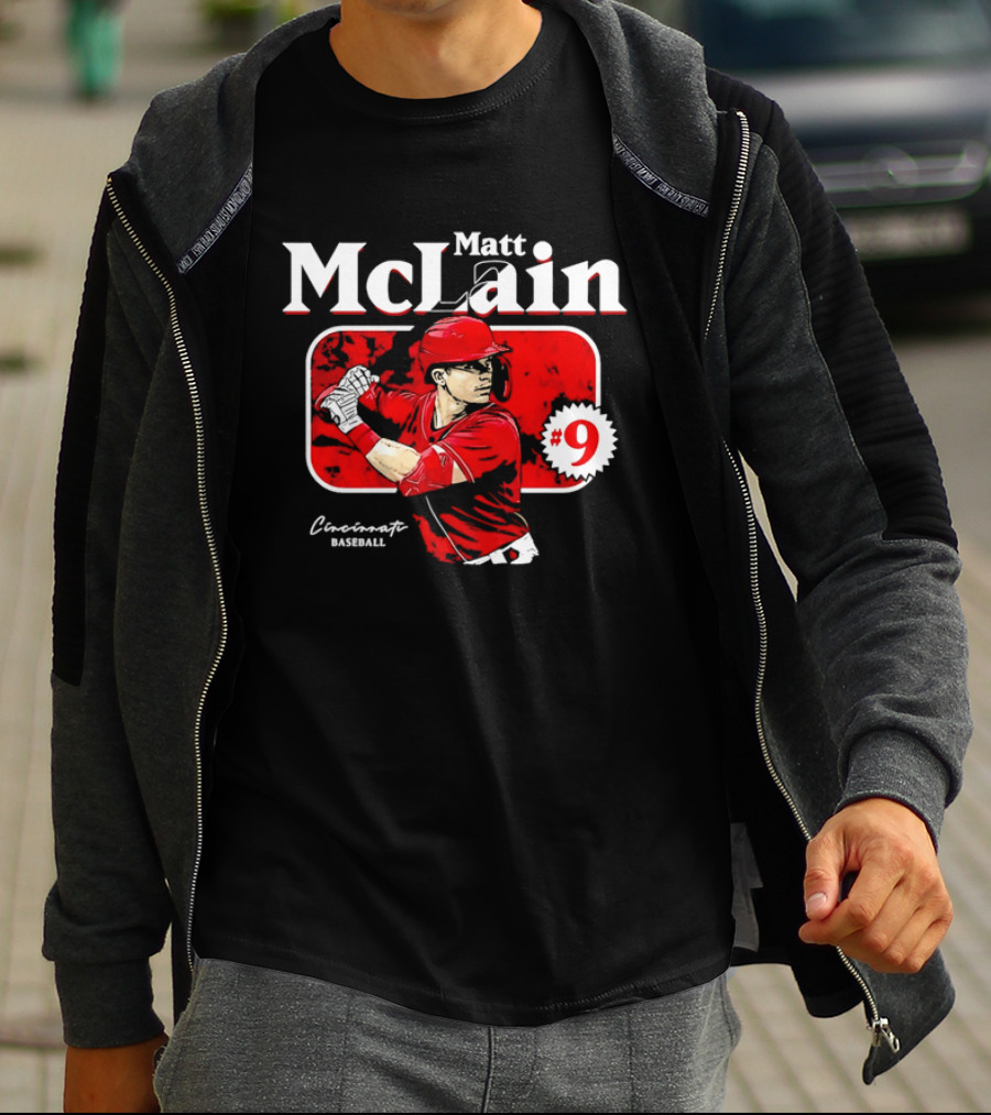 Matt McLain Cincinnati Baseball Number 9 Batter Stance Red Frame T-Shirt