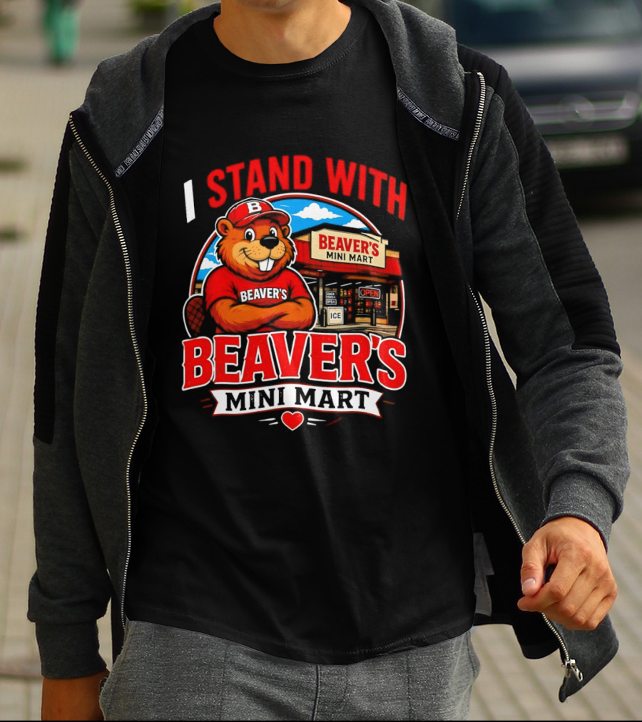 I Stand With Beaver's Mini Mart Cartoon Character Storefront T-Shirt