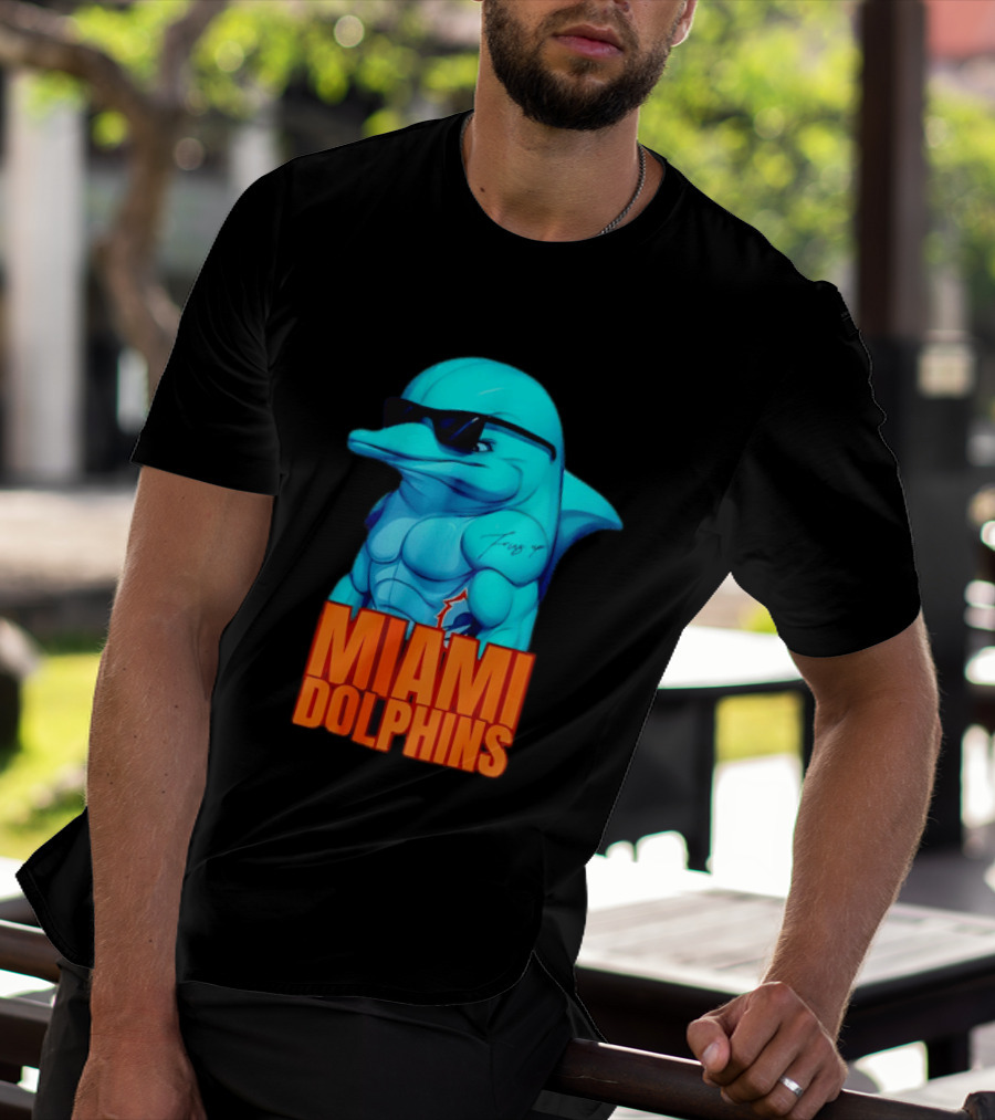 Miami Dolphins Fins Up Muscular Cartoon Sunglasses Tattoo T-Shirt