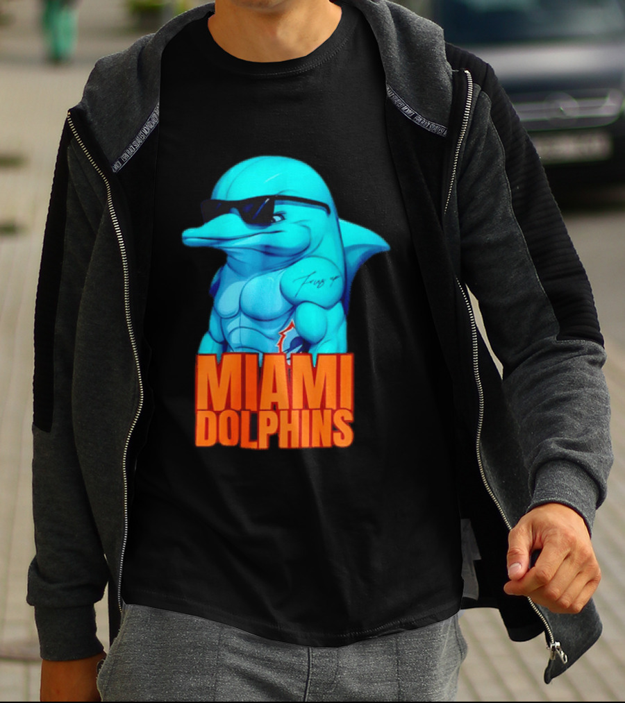 Miami Dolphins Fins Up Muscular Cartoon Sunglasses Tattoo T-Shirt