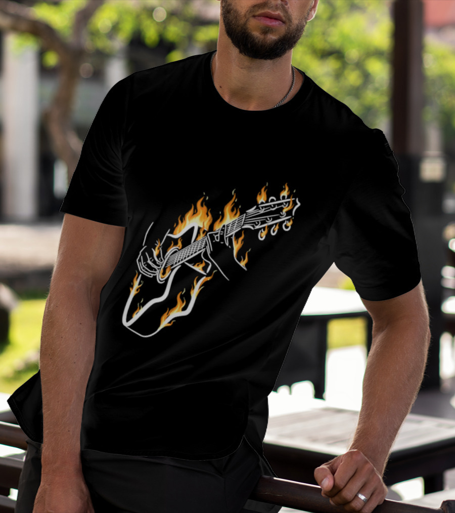 Musician Hands Flaming Acoustic Guitar White Line Artistry T-Shirt