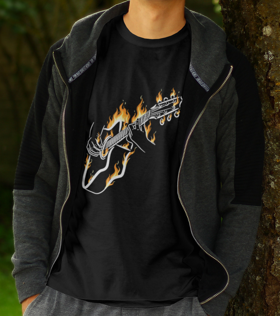 Musician Hands Flaming Acoustic Guitar White Line Artistry T-Shirt